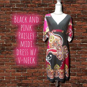 Black & Pink Paisley Midi Dress with V-Neck